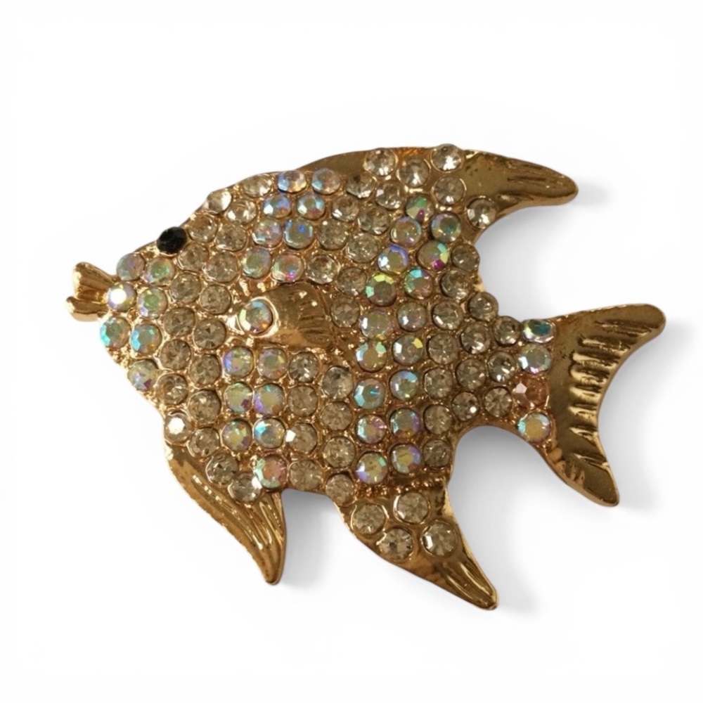 Gold‑Tone Angelfish Brooch with AB Rhinestones – Sparkling Statement Pin - Picture 5 of 12